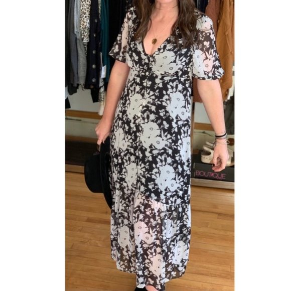 New Sanctuary Floral Short Sleeve Button Front Maxi Dress Black White Size 2 - Picture 4 of 16
